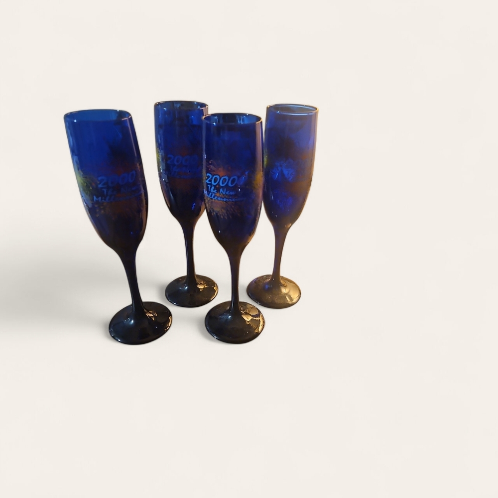 Elegant cobalt Blue Champagne Flutes Set 2000 MILLENIUM